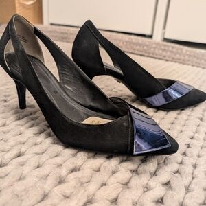 Pour La Victoire Black Suede Pointed-Toe Pumps with Metallic Detail | 2.5” Heel